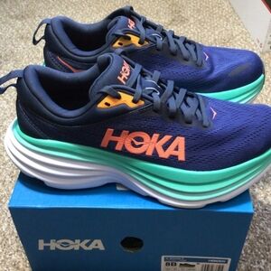 Womens Hoka Bondi 8, Size 8 Navy Blue and Orange